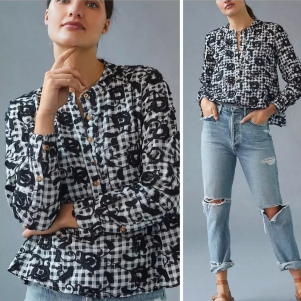 Anthropologie Black and White Patterned Button-Front Blouse